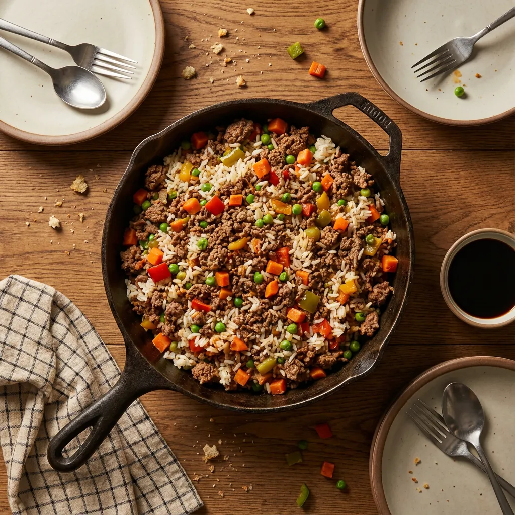 Alt text: Family-style skillet of beef and rice on a table, ready to serve for a busy weeknight dinner.