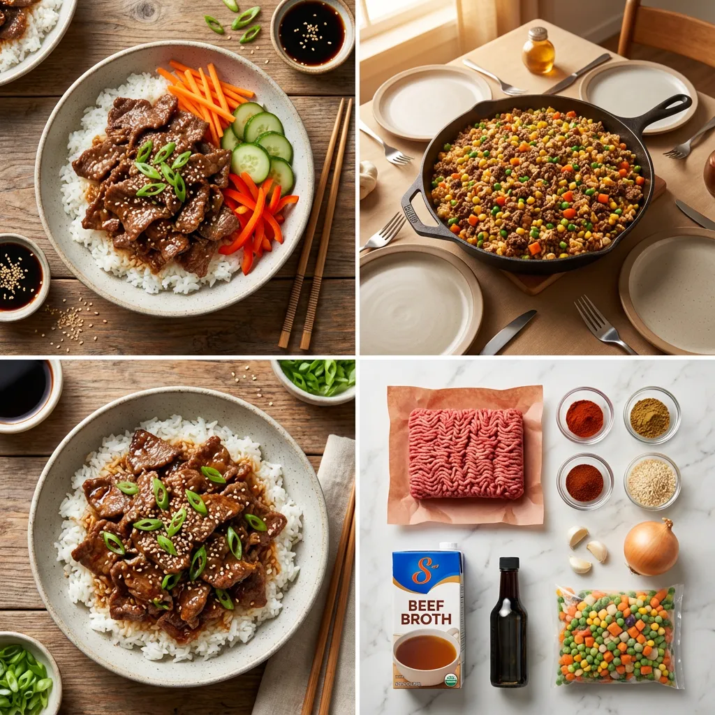Flat lay of ground beef, rice, broth, spices, and vegetables for easy beef and rice recipes.