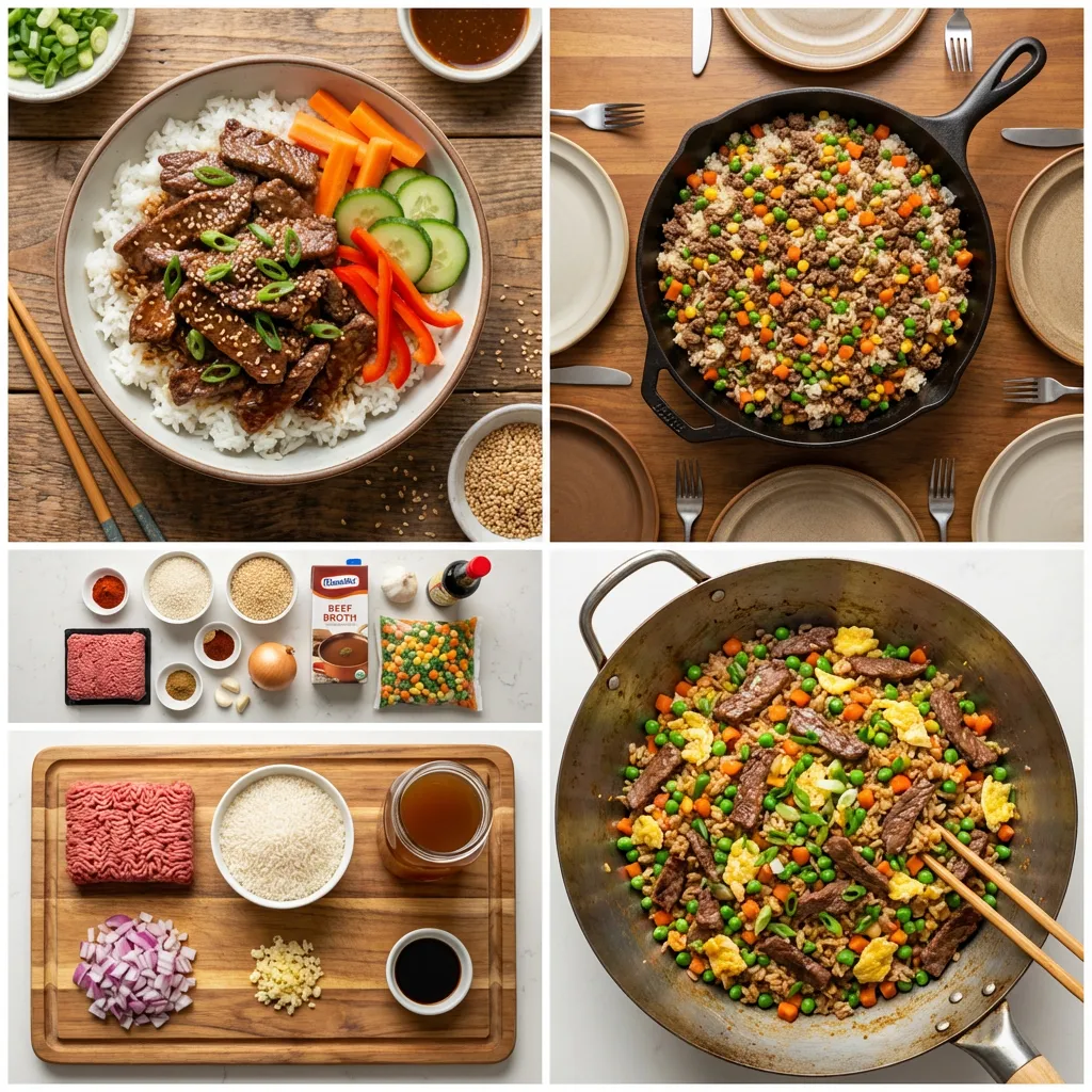 Beef fried rice with vegetables and egg in a pan, better than takeout