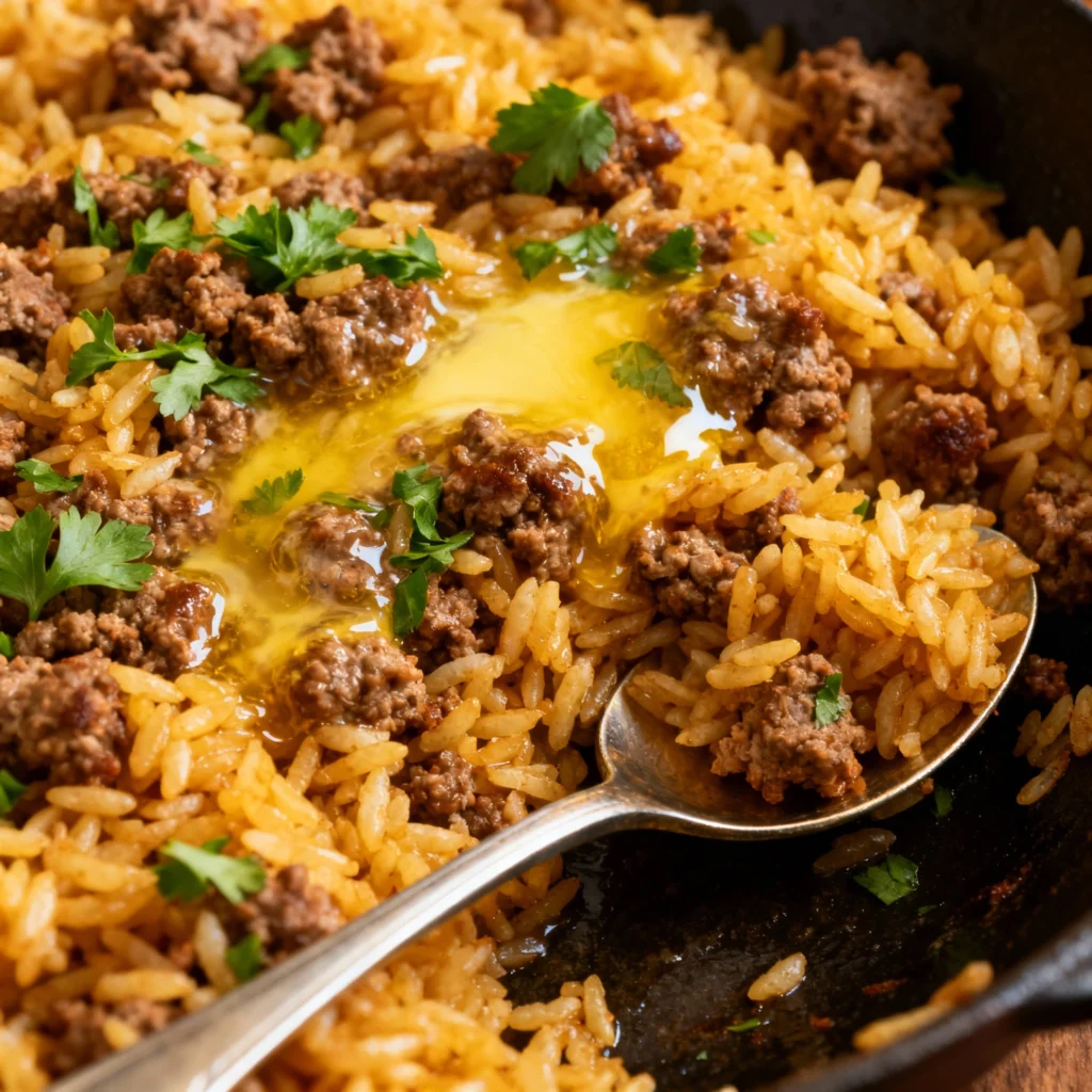 Skillet of garlic butter hamburger rice with golden rice, browned beef, and fresh herbs