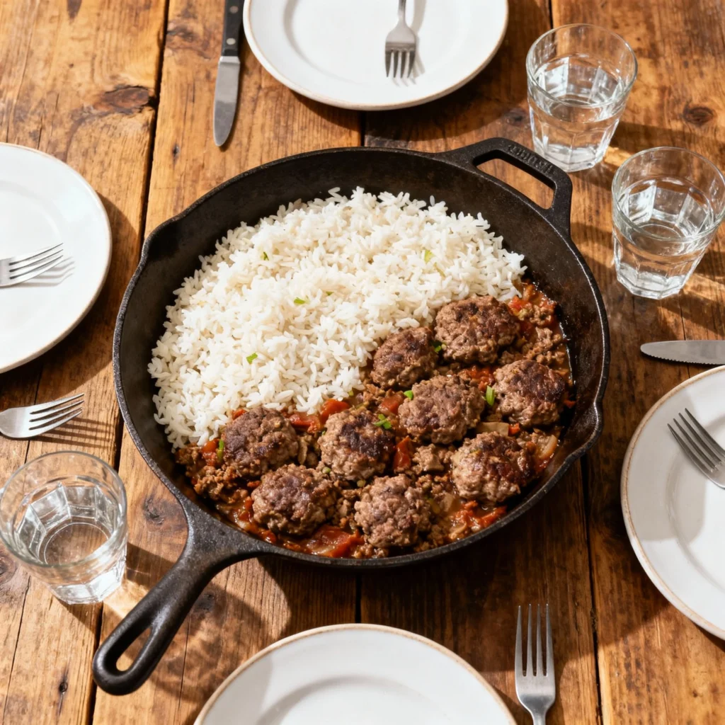 Family-style hamburger and rice skillet in the center of a table with plates, forks, and glasses of water for an easy budget-friendly dinner.