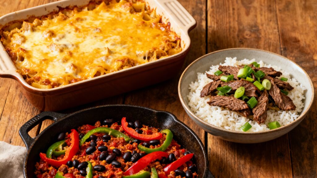
Cozy hamburger and rice dinner spread with cheesy casserole, Mexican-style skillet, and Asian-inspired beef rice bowl on a rustic wooden table.