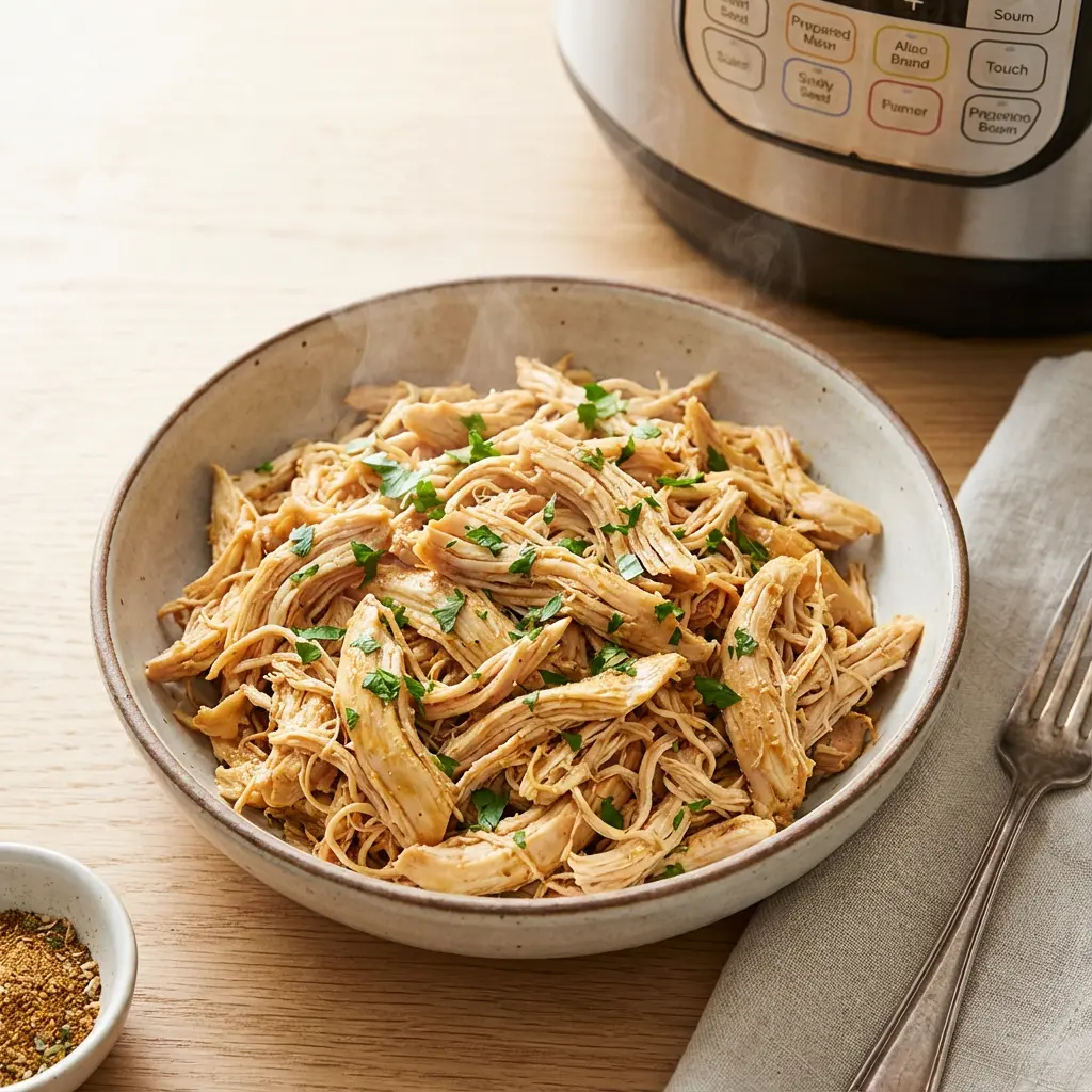 Instant Pot shredded chicken in a bowl, tender and juicy, ready for easy weeknight meals.
