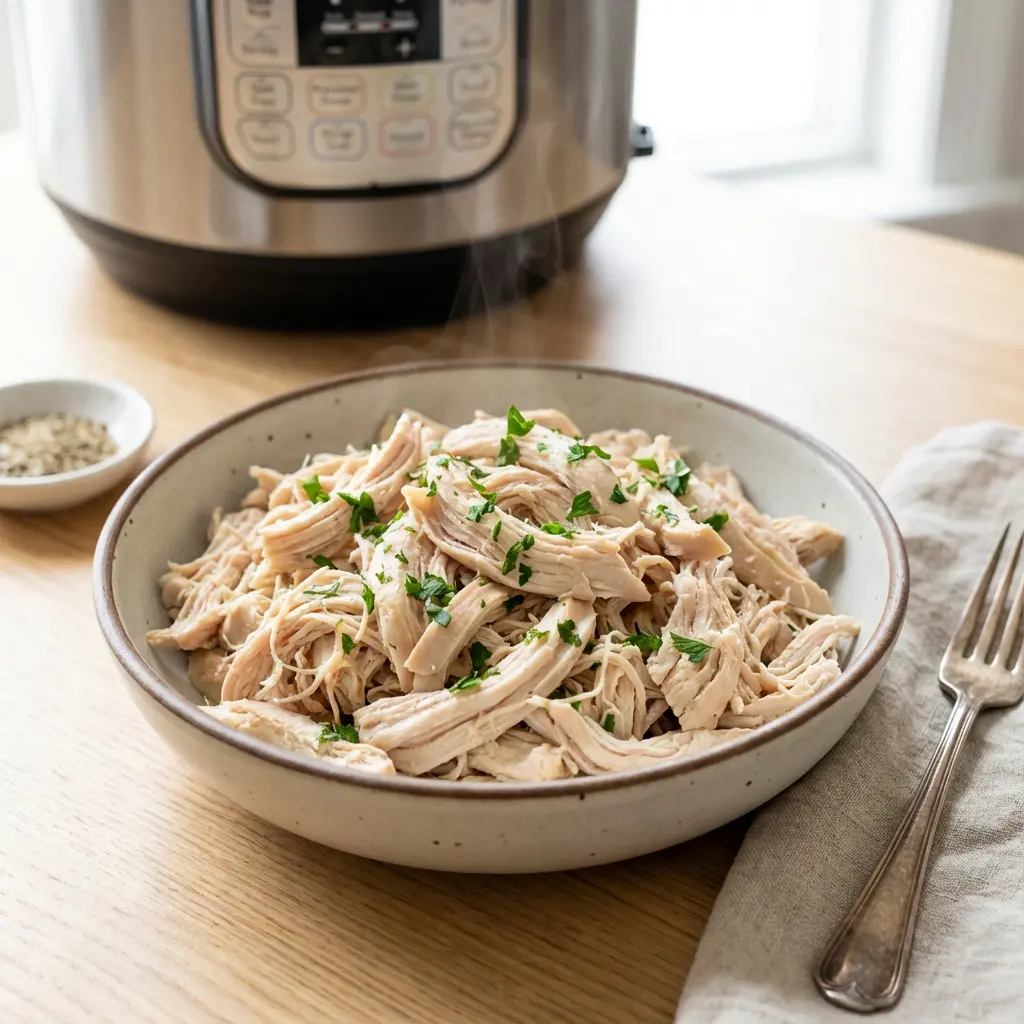Ingredients for Instant Pot shredded chicken including chicken, broth, and spices arranged on a table.