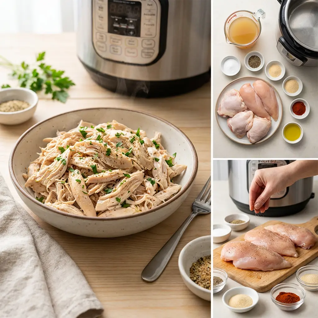 Raw chicken breasts on a cutting board being seasoned with spices for Instant Pot shredded chicken.
