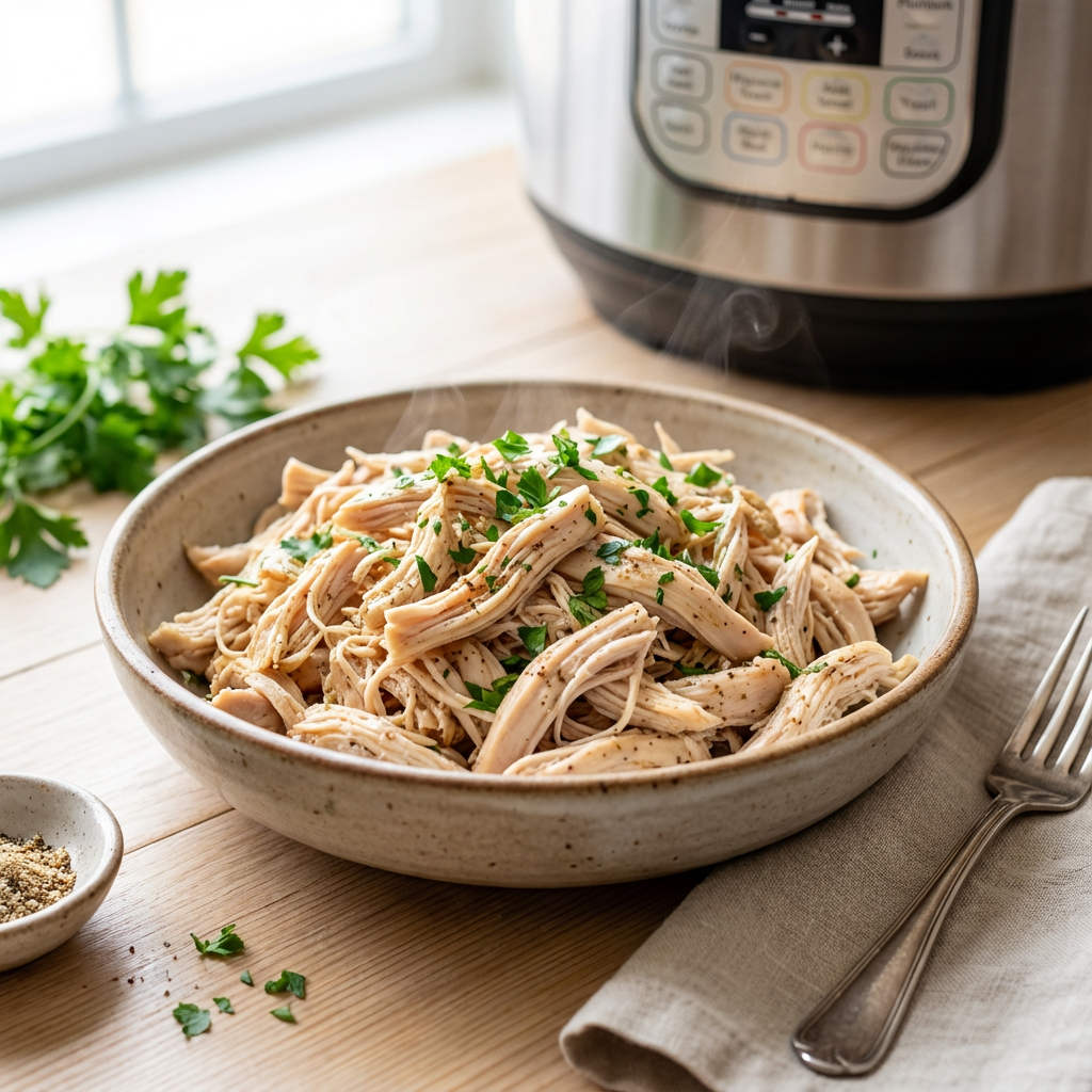 Seasoned chicken and broth inside the Instant Pot before cooking