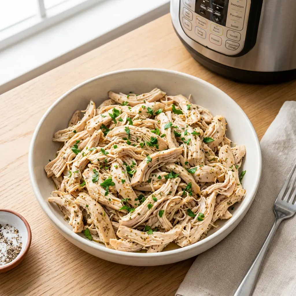 Instant Pot closed and set to cook shredded chicken on the kitchen counter