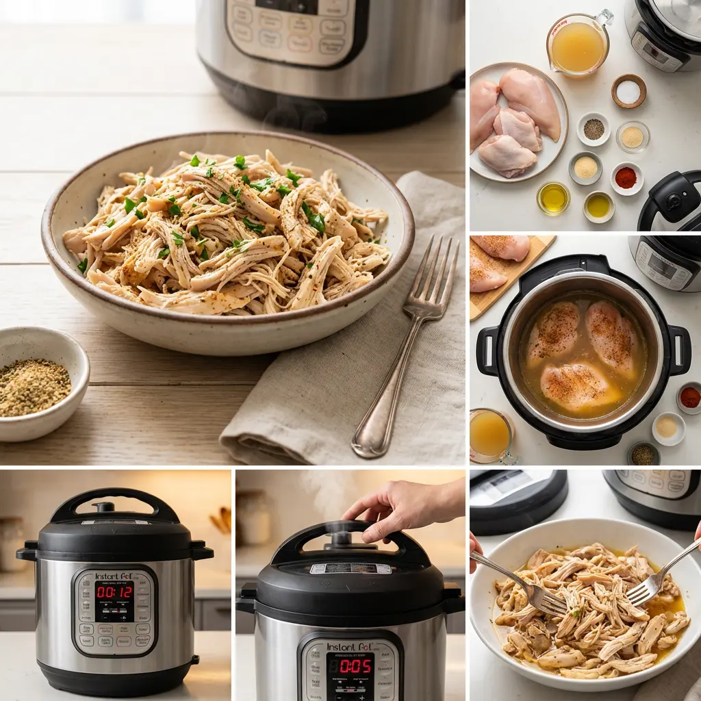 Cooked chicken being shredded in a bowl with two forks after Instant Pot cooking