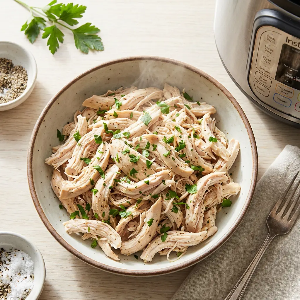 Bowl of shredded Instant Pot chicken with different sauces around it ready to serve
