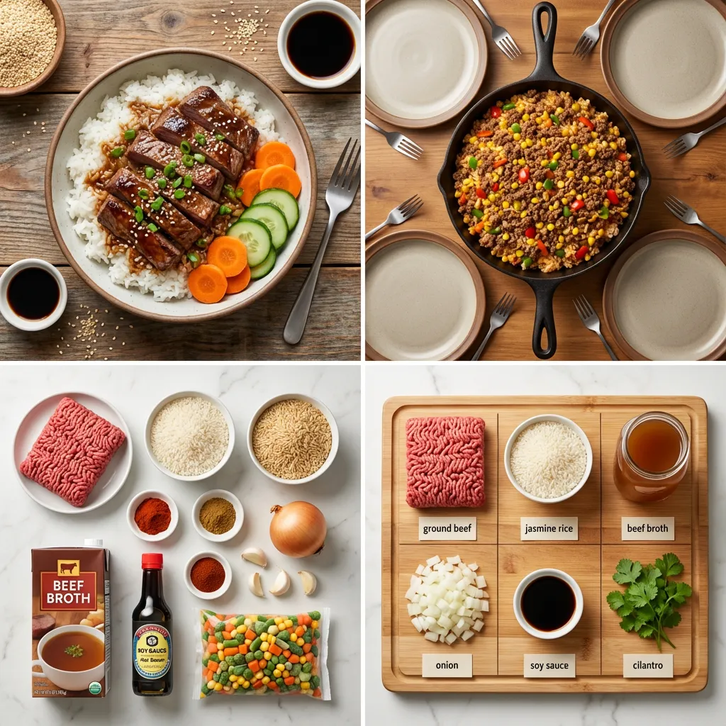 One-pot ground beef and rice recipe in a large skillet with a wooden spoon