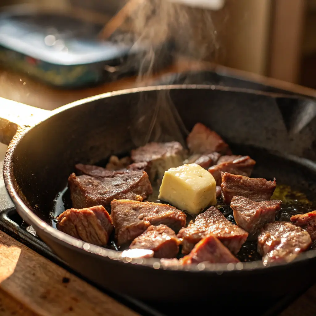 leftover steak slices being gently reheated in a buttered skillet