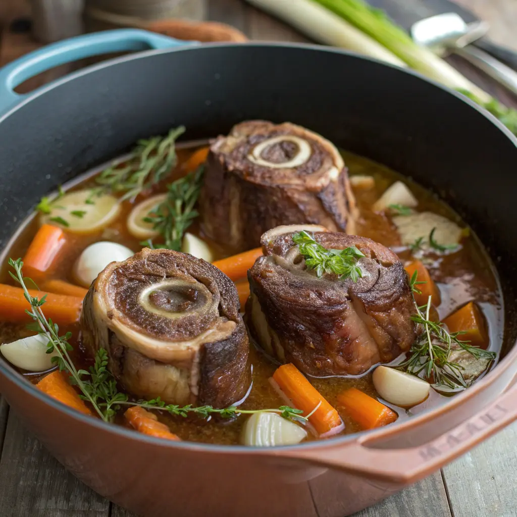 Beef shank with bone braising in a Dutch oven with onions, carrots, celery, garlic, and herbs