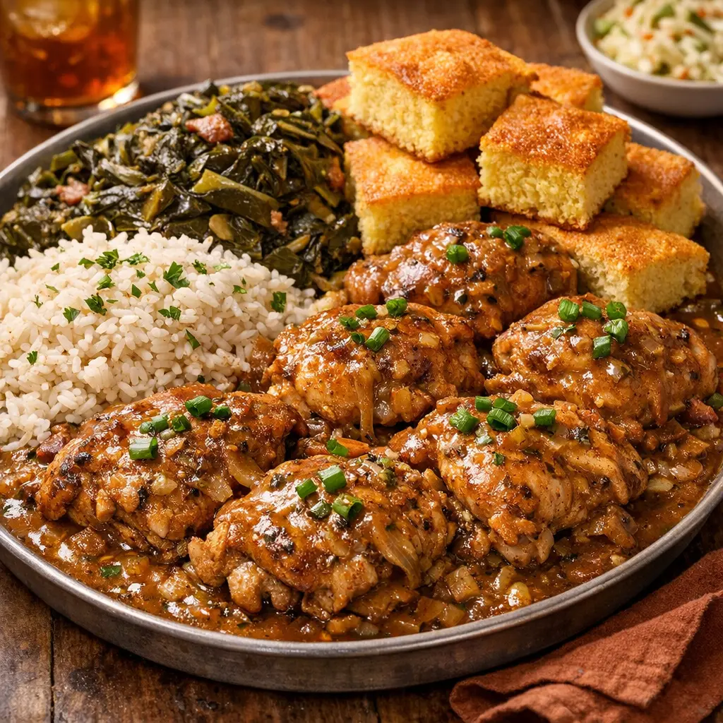 Smothered chicken thighs served with rice and cornbread