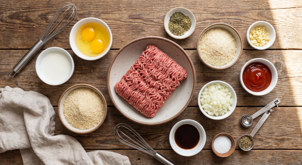 Ingredients for a classic meatloaf recipe including ground beef, breadcrumbs, eggs, milk, onion, garlic, ketchup and Worcestershire sauce
