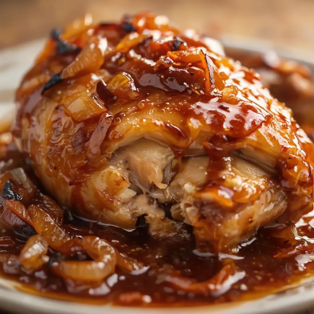 Closeup tender smothered chicken thighs in rich gravy