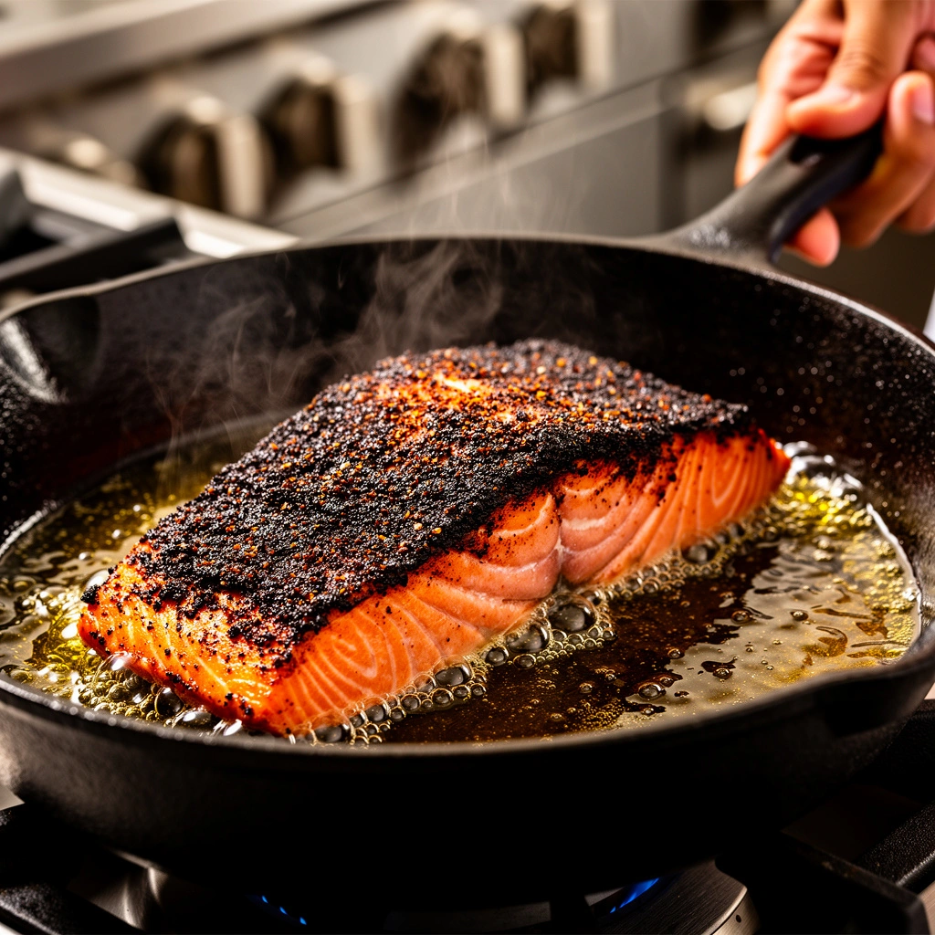 cooking a recipe for blackened salmon in a hot cast iron skillet