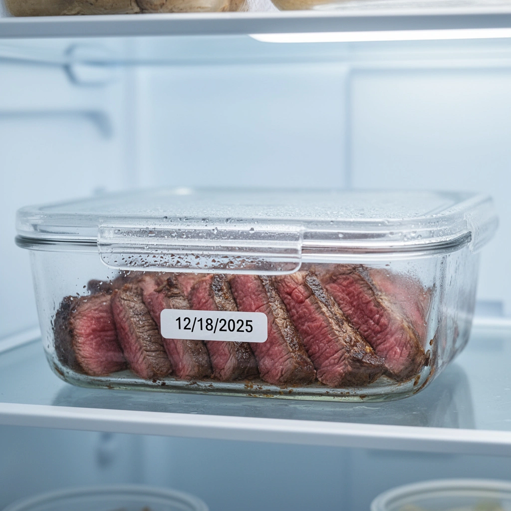 leftover steak stored in an airtight glass container in the fridge