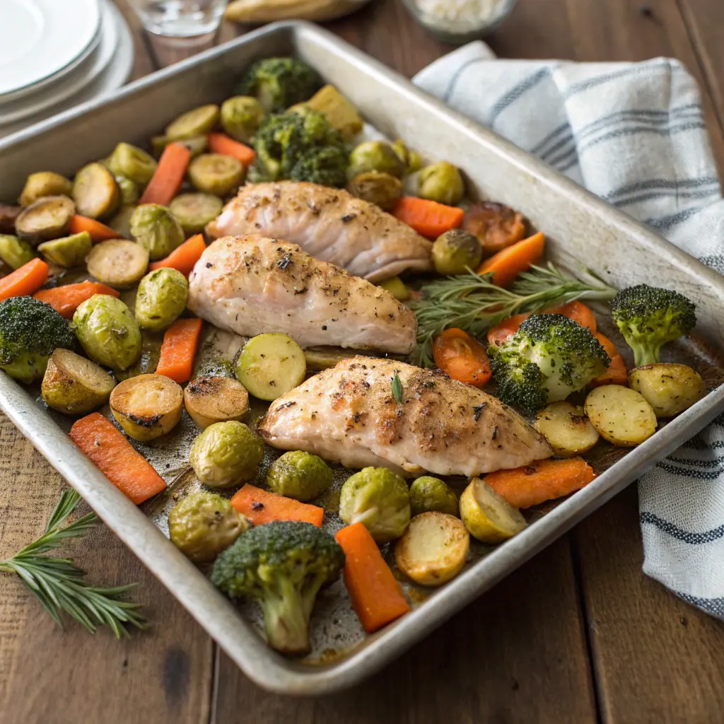 Sheet pan turkey tenderloin roasted with mixed vegetables for an easy one pan dinner