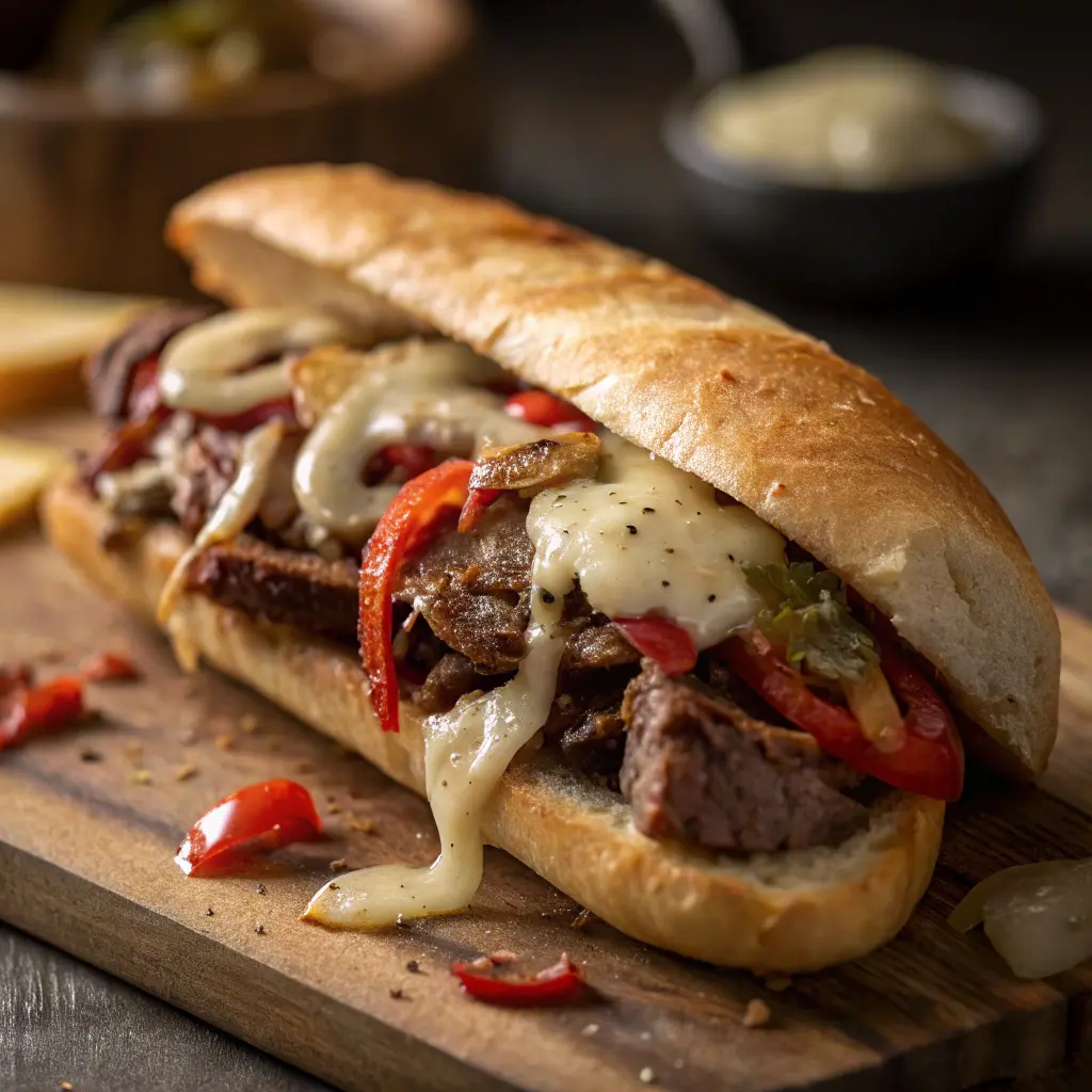 "loaded leftover steak sandwich with melted cheese onions and peppers in a toasted roll