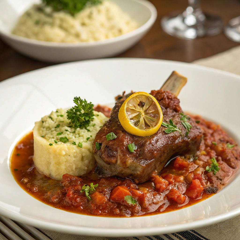 Osso buco style beef shank with bone in tomato and wine sauce topped with lemon parsley gremolata