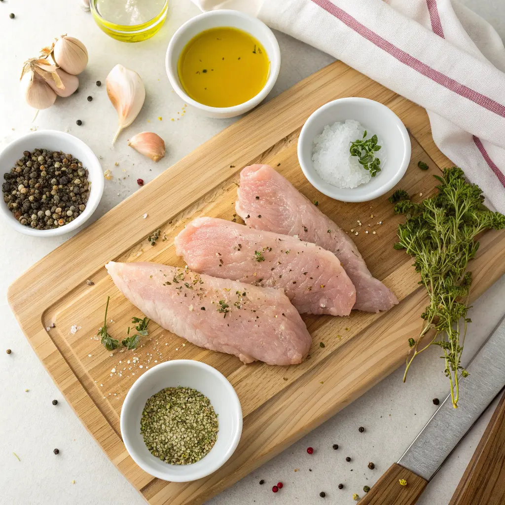 Raw turkey tenderloins on a cutting board being seasoned with olive oil, garlic, herbs, salt, and pepper