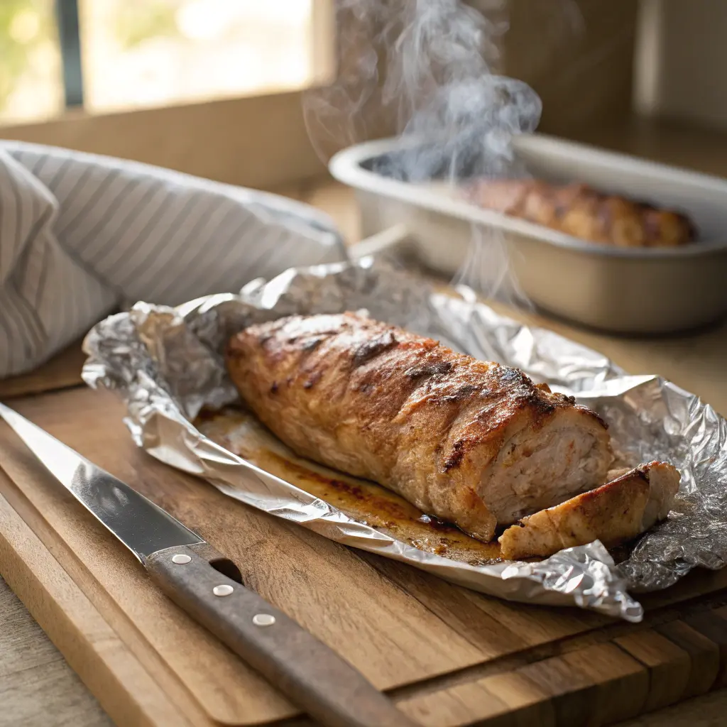 Cooked turkey tenderloins resting on a cutting board loosely tented with aluminum foil before slicing