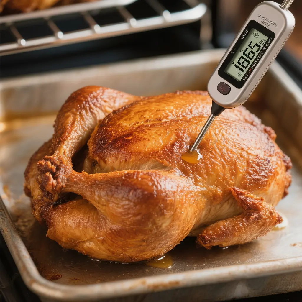 Meat thermometer checking the internal temperature of oven baked turkey tenderloin showing about 165°F
