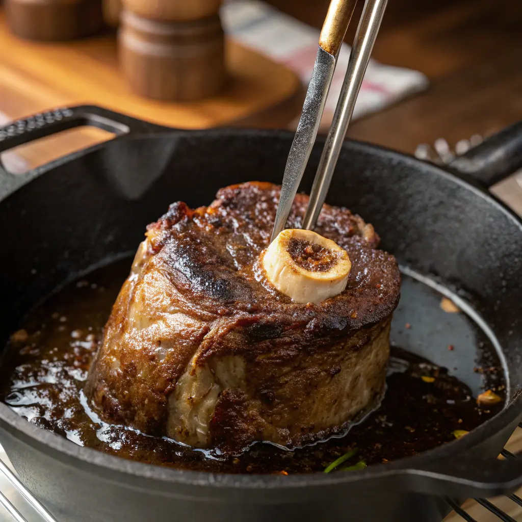 Beef shank with bone searing in a cast iron Dutch oven to develop a brown crust