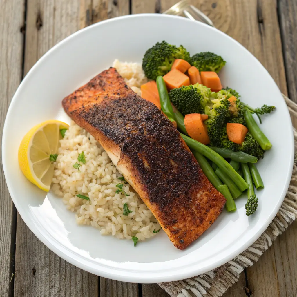 plated recipe for blackened salmon served with rice and vegetables