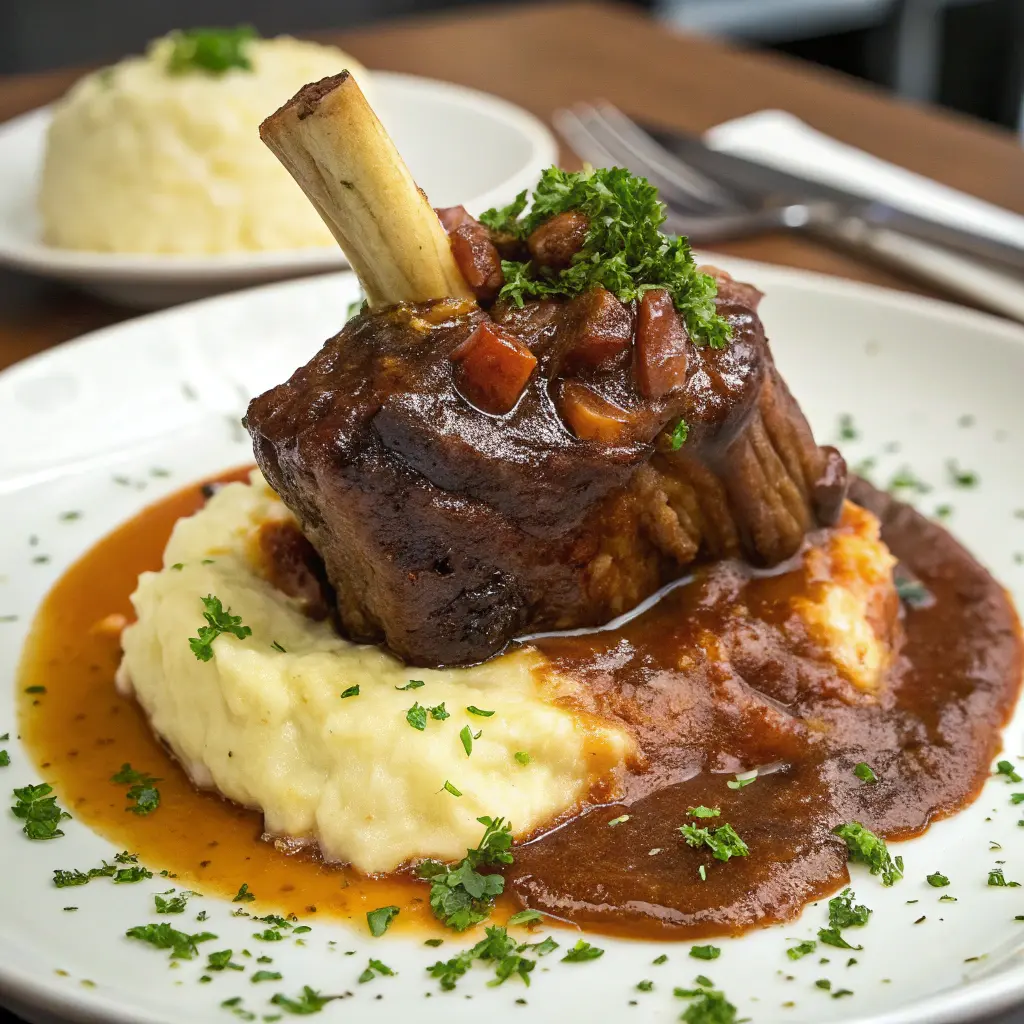 Tender braised beef shank with bone covered in rich sauce and garnished with fresh parsley