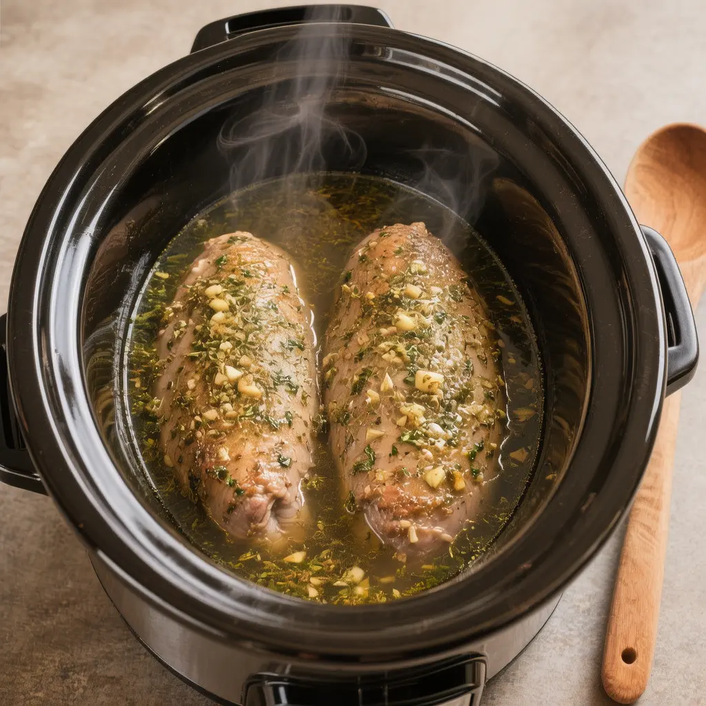 Turkey tenderloins cooking in a slow cooker with garlic herb seasoning and broth for a juicy result