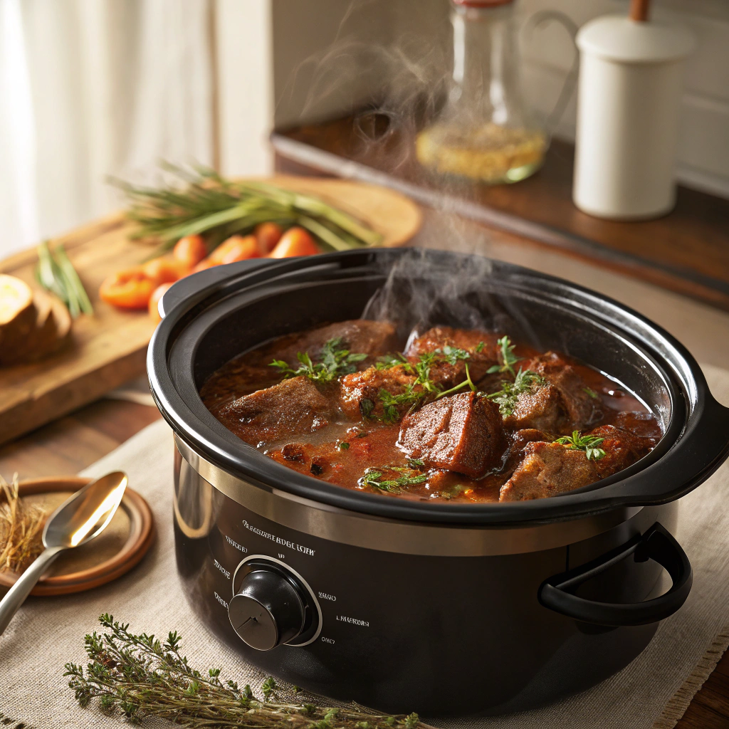Slow cooker filled with beef shank with bone simmering in a rich garlic and herb sauce