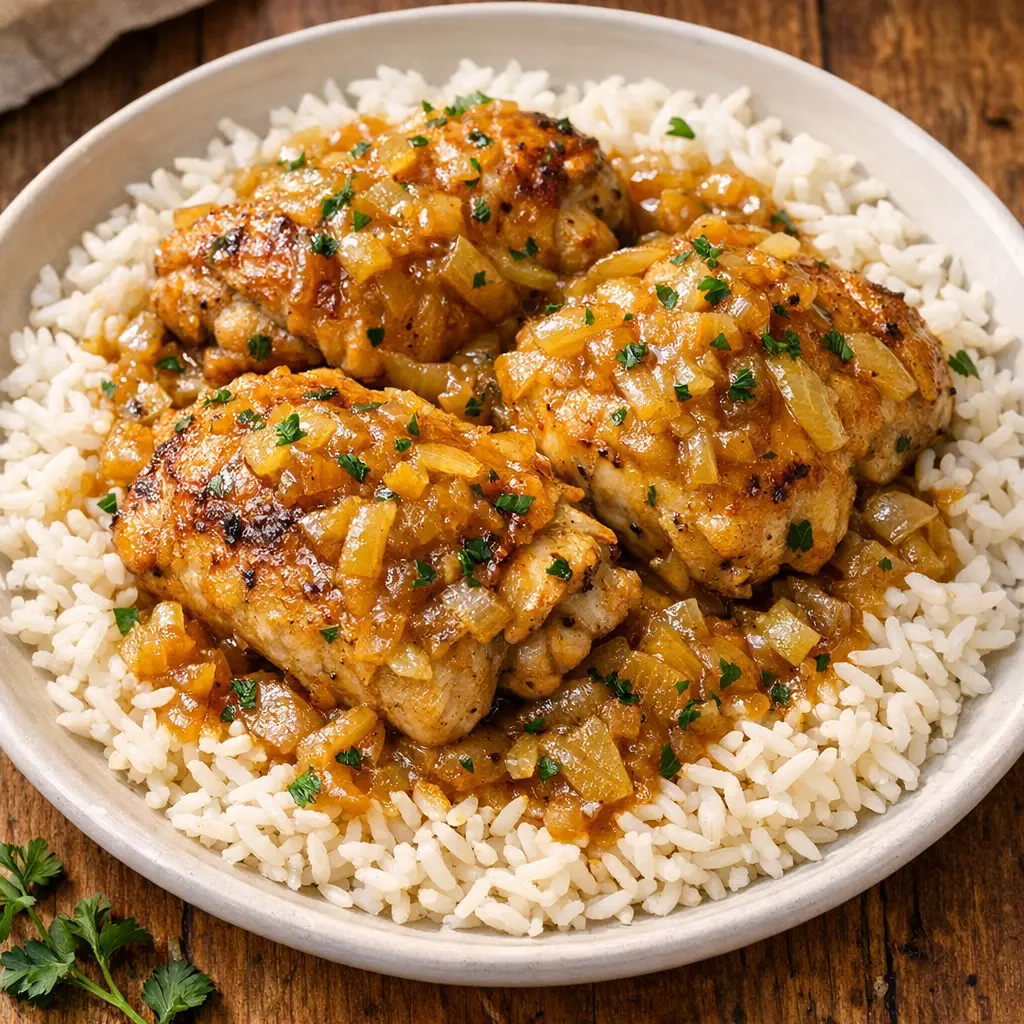 Smothered chicken thighs in rich onion gravy served over rice