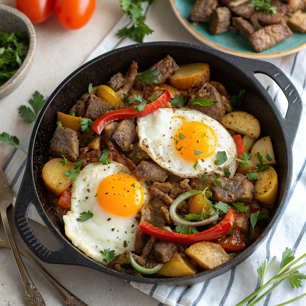 steak and eggs breakfast skillet made with leftover steak potatoes peppers and onions"