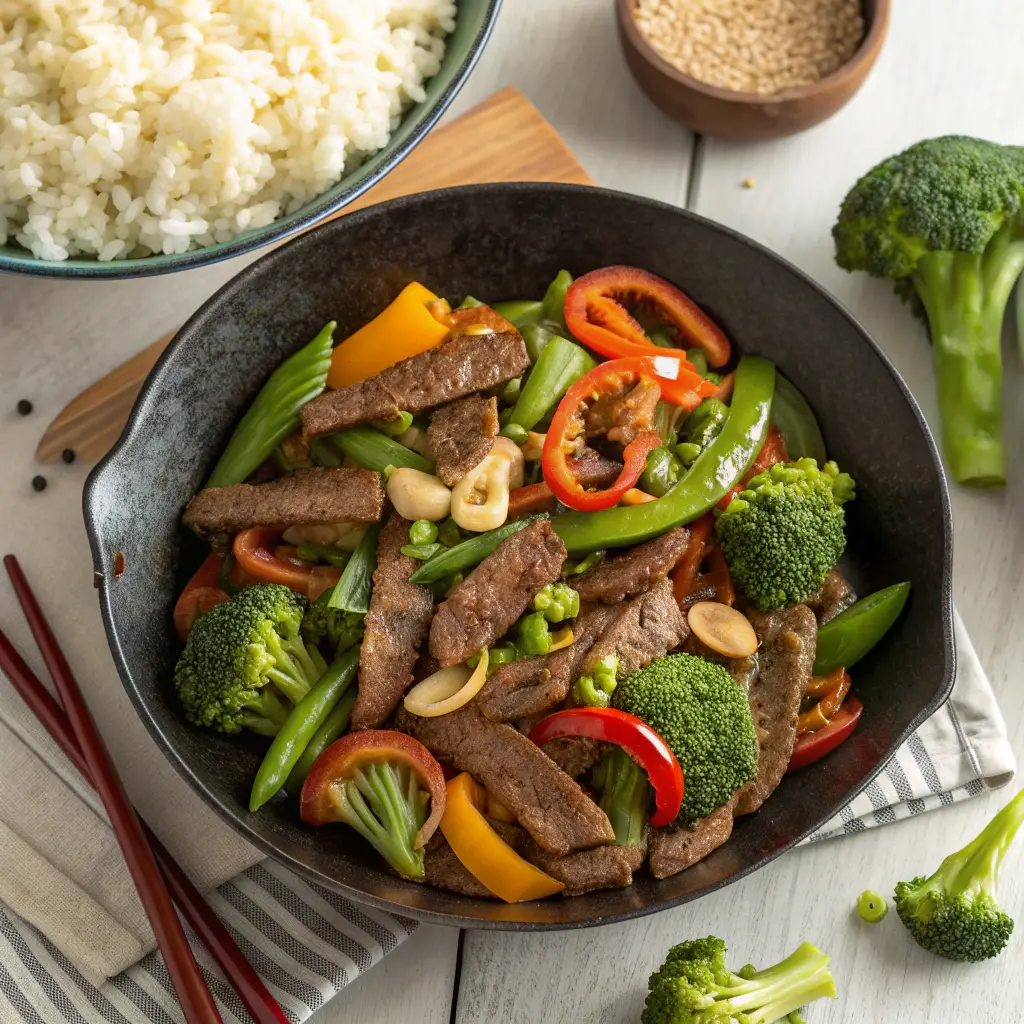leftover steak stir fry with broccoli and peppers served over cauliflower rice"