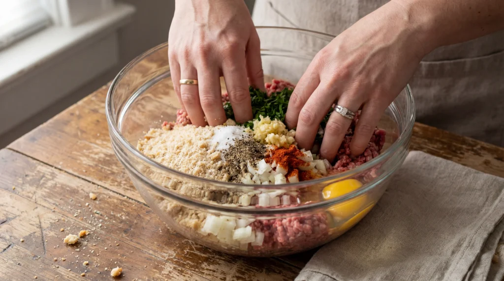 Hands gently mixing classic meatloaf mixture in a large bowl with ground beef, soaked breadcrumbs, eggs and onions