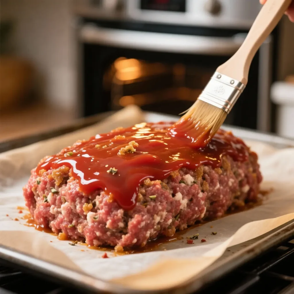 Unbaked classic meatloaf shaped into a loaf on a baking sheet with ketchup and brown sugar glaze brushed on top