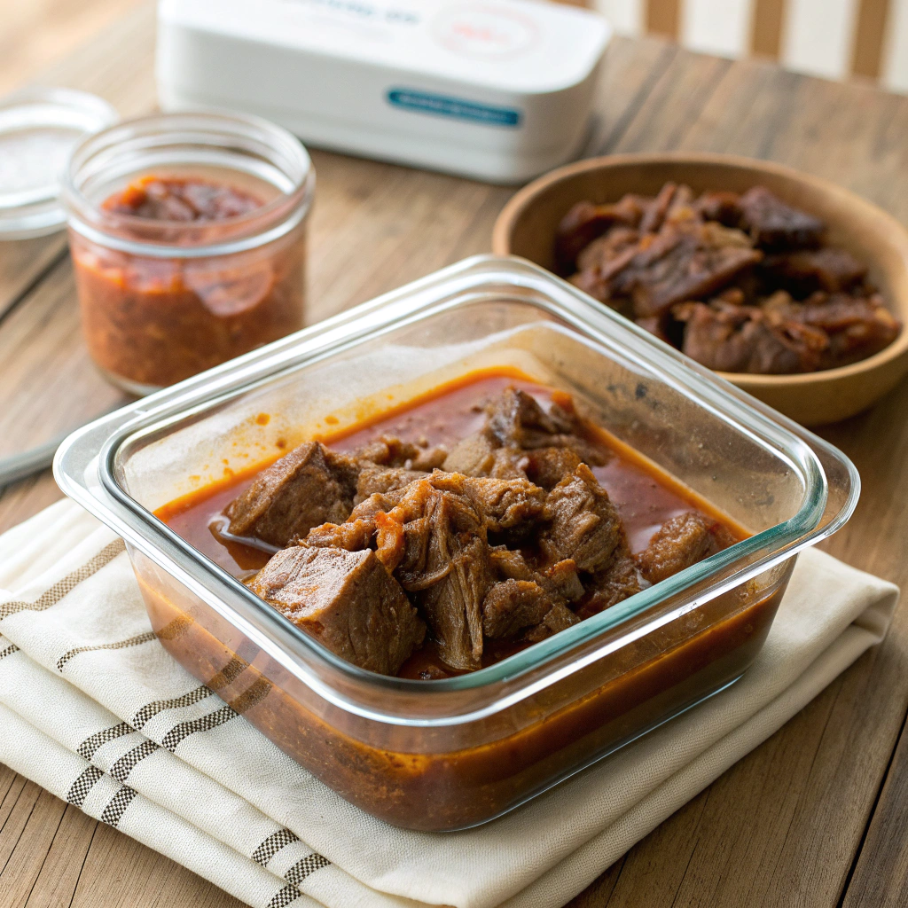 Leftover braised beef shank with bone stored in a glass container with sauce ready for the fridge or freezer