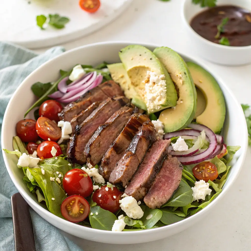 leftover steak salad bowl with mixed greens avocado cherry tomatoes and cheese"
