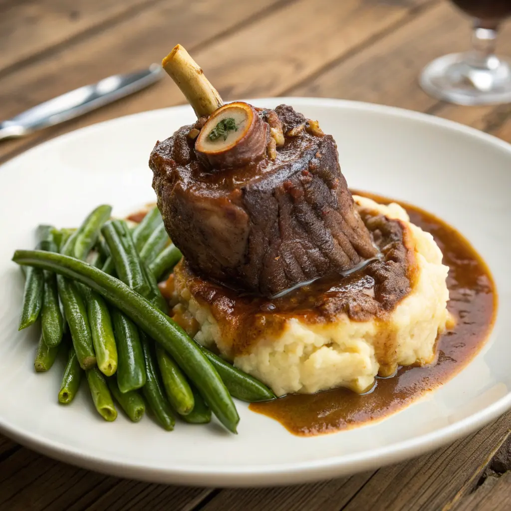 Braised beef shank with bone served with mashed potatoes and green beans on a white plate