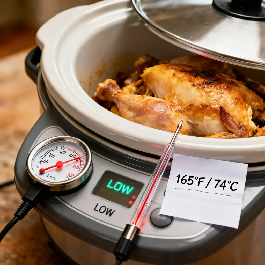 Close-up of crockpot set to low with a meat thermometer showing 165°F for safe shredded chicken.