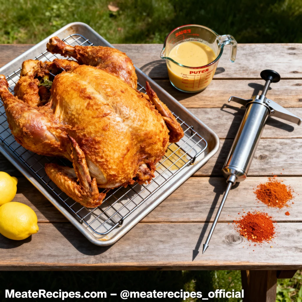 crispy deep fried turkey with Cajun butter fried turkey injection marinade and injector on a wooden table
