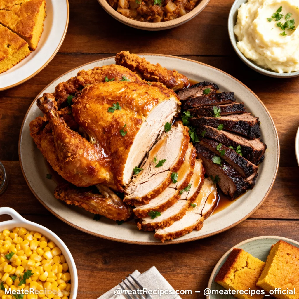 sliced fried turkey with crispy skin and juicy meat after using a fried turkey injection recipe on a serving platter