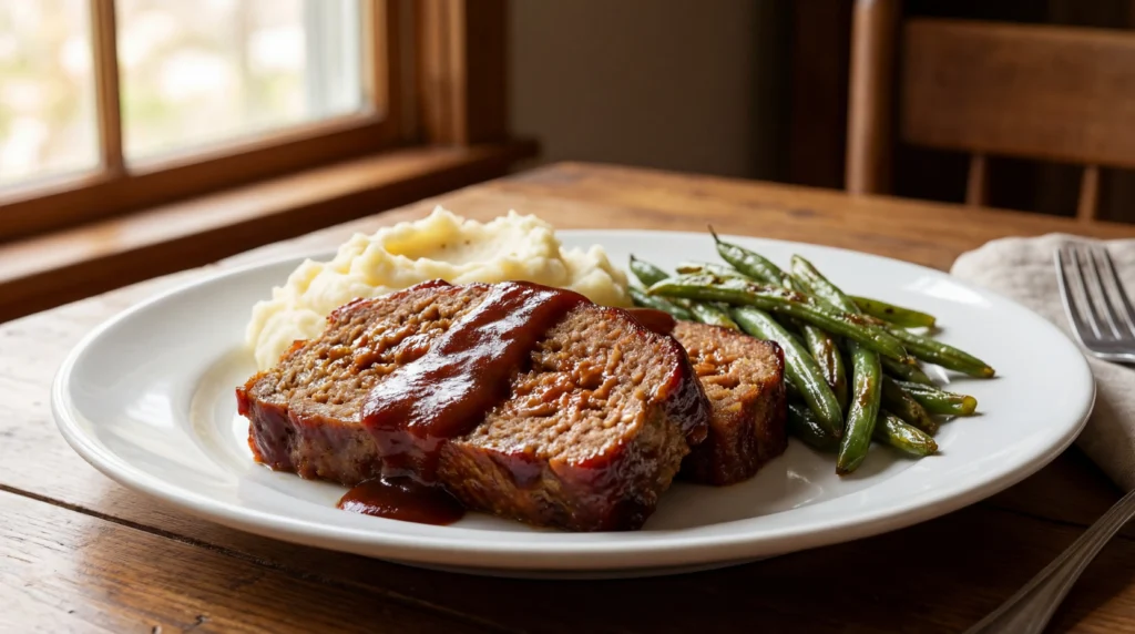 Classic meatloaf recipe served with mashed potatoes and green beans on a white plate