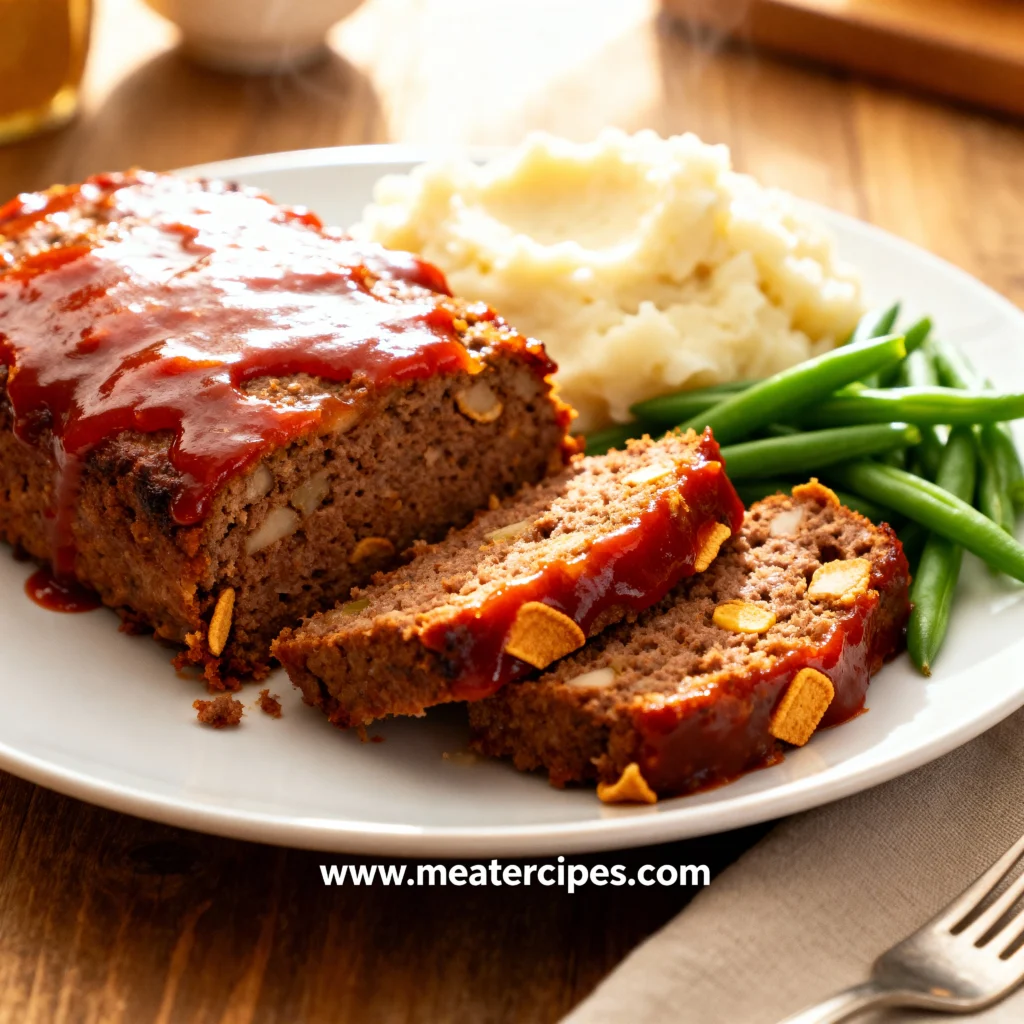 alt="Juicy homemade meatloaf with Ritz crackers sliced on a plate with mashed potatoes and green beans"