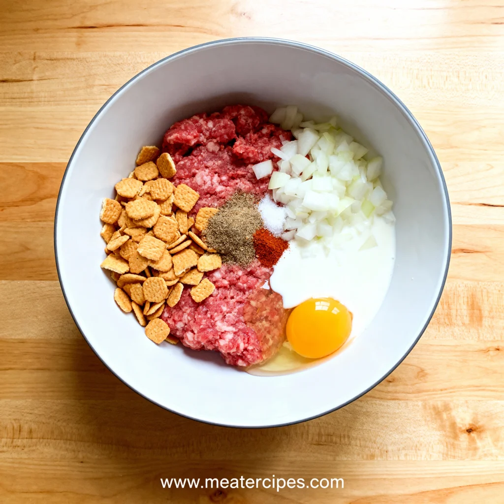 Ground beef, crushed Ritz crackers, eggs, milk and onions in a mixing bowl for meatloaf