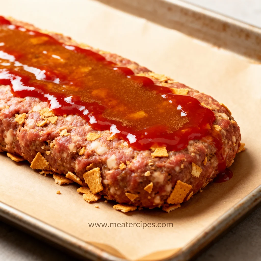 alt="Unbaked meatloaf with Ritz crackers shaped on a parchment lined baking sheet with glaze on top"