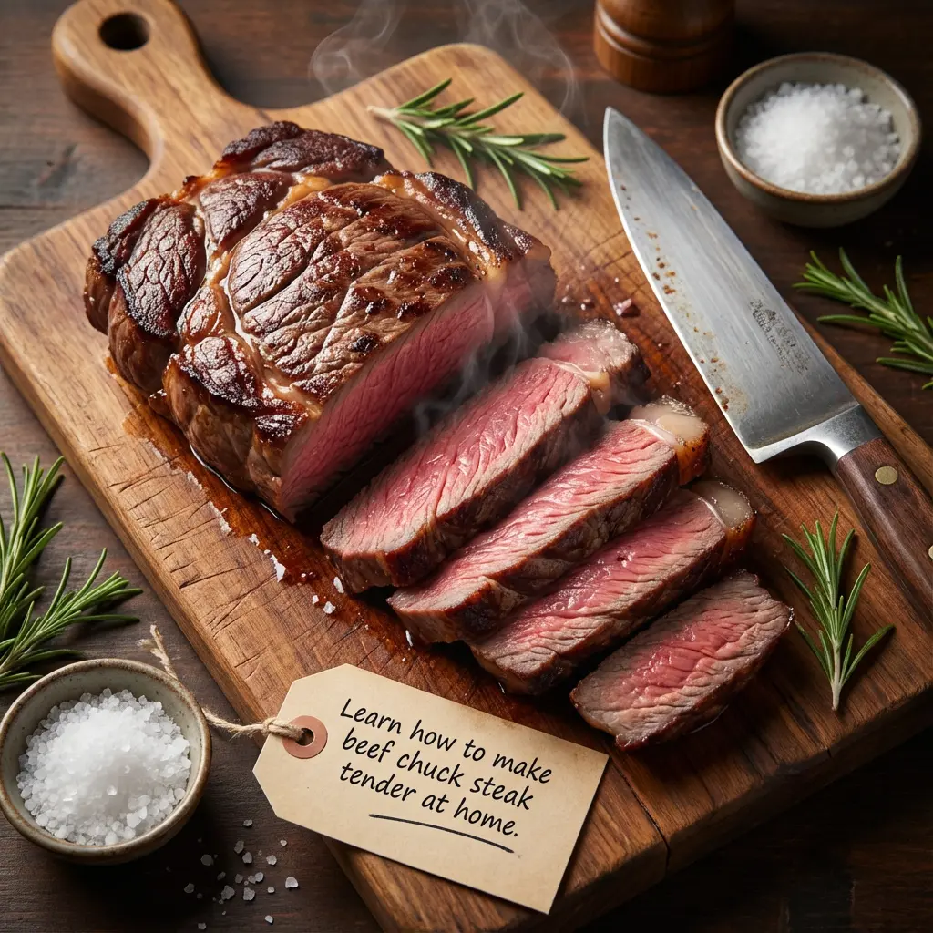  Raw beef chuck steak on a board showing marbling, connective tissue, and muscle