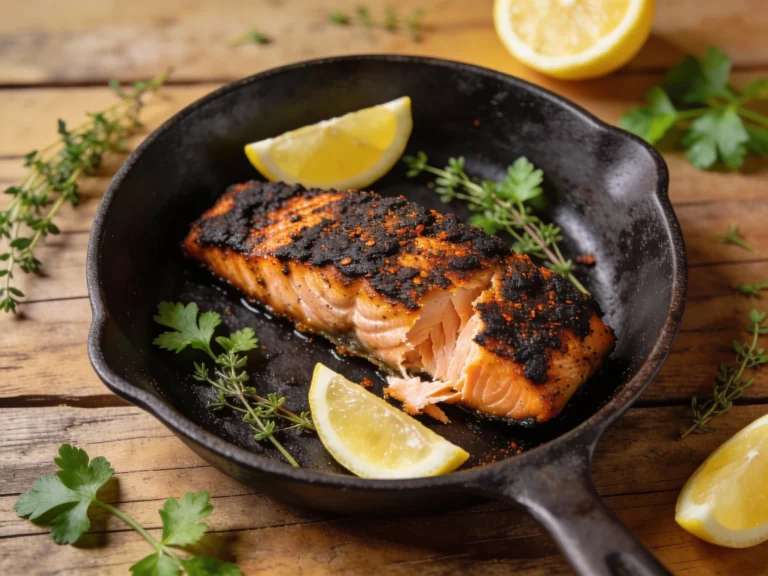 recipe for blackened salmon with crispy blackened crust in a cast iron skillet"