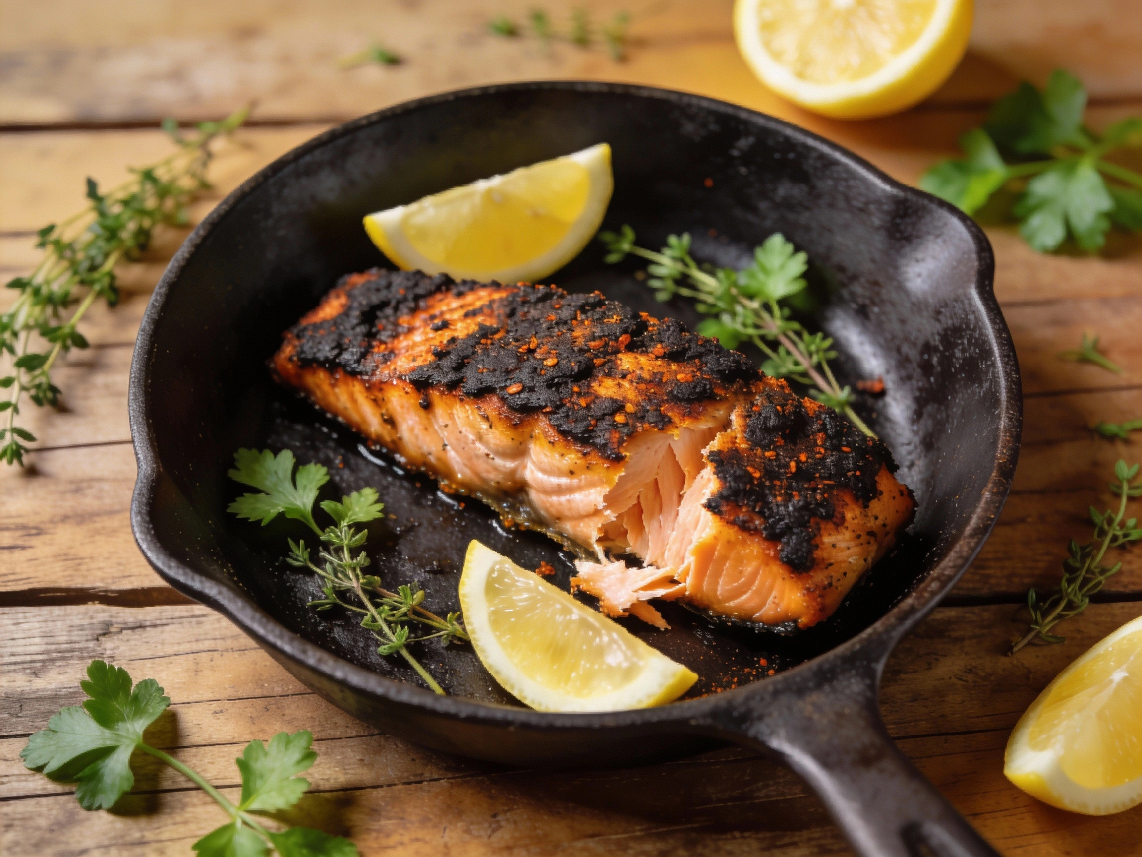 recipe for blackened salmon with crispy blackened crust in a cast iron skillet"